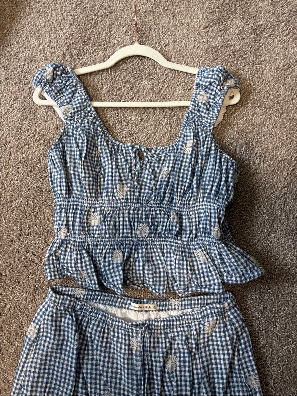 Abercrombie & Fitch Blue Gingham Embroidered Shell Two-Piece Set Top L Pants MS